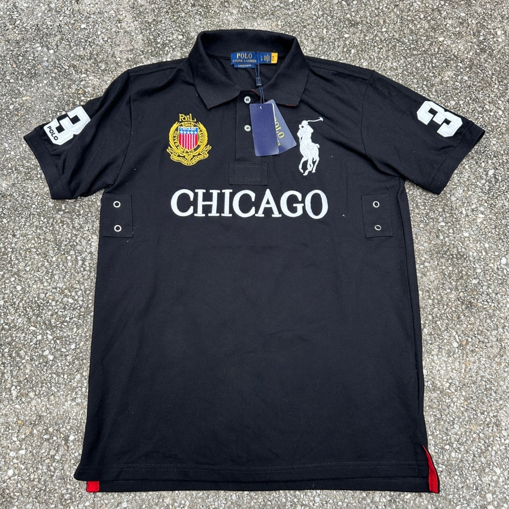 NWT Polo Ralph Lauren Chicago Big Pony Polo Shirt Black Custom Slim Fit Mens L